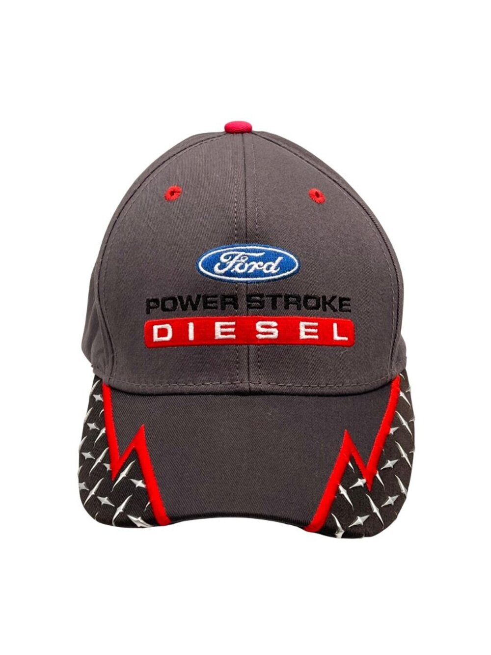 Ford Power Stroke Diesel Gray Cap Hat Diamond Plate Red Stitch Adjustable Strap